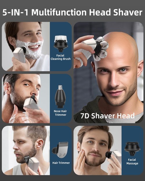 7D Electric Bald Shaver - 5-in-1 Dry/Wet Men's Head Shaver with Led Display & IPX7 Waterproof, Detachable, Rechargeable Razor