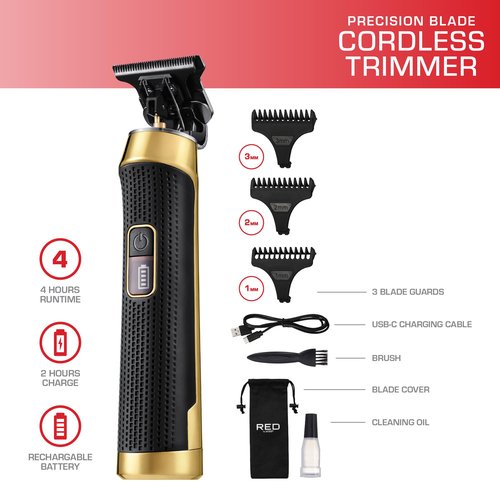 Red by Kiss Edge King Cordless Trimmer, Zero-Gapped DLC Blade for Precision Detailing, USB-C Quick Charge, Up to 4 Hours Runtime, Luxury Pouch, Blades Cover & Cleaning Supplies Included