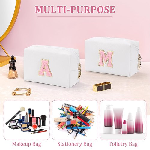 Etercycle Small Personalized Initial Letter Makeup Bag for Women, Cute Waterproof PU Leather Cosmetic Bag Travel Makeup Bag, Makeup Pouch Toiletry Pouch Organizer with Zipper (A, White)