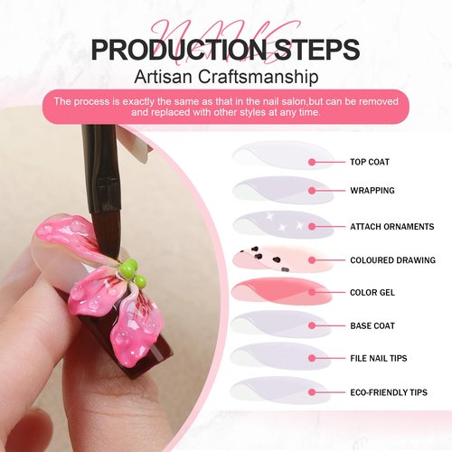 XGV Long Handmade Press on Nails - 3D Press on Nail With Flower, Pretty & Reusable for Daily Wear