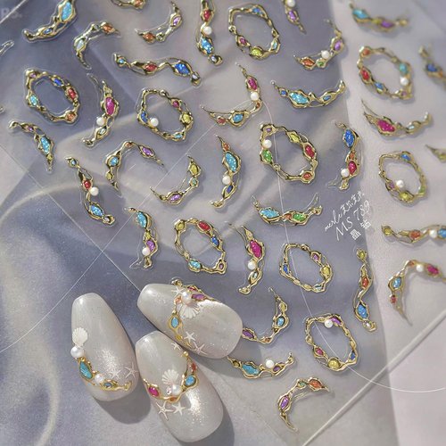 1 Sheets Embossed Gold Nail Stickers for Nail Art 5D Gem Nail Art Stickers Pearl Crystal Diamond Design Decals Self-Adhesive Gems Nail Decoration Summer Nail Decals for Women Nails Supplies