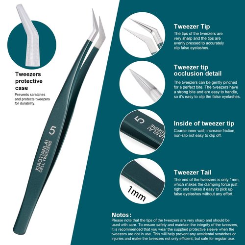 FYB Pointed Tweezers, Professional Lash Extension Tweezers, Lash Tweezers, Fine Point Precision Hair Removal, Stainless Steel Eyelash Tweezer (Dark Green 2 Pcs)