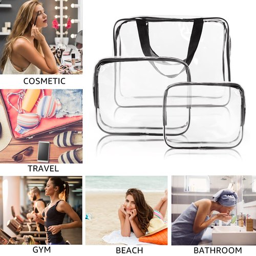 3pcs TSA Approved Clear Toiletry Bag, Crystal Clear Travel Bag PVC Cosmetic Bag, Travel Accessories Clear Makeup Bags Set Carry on Airport Airline Compliant Bag Luggage Pouch with Zipper Handle Women