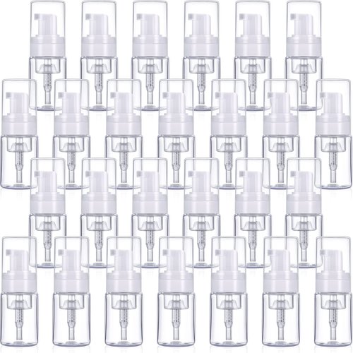 50 Pack Foam Pump 1oz/30ml Refillable Dispenser Travel Size Plastic Mini Bottle for Lash Shampoo, Cleaning, Cosmetics - Portable Clear Foaming Packaging