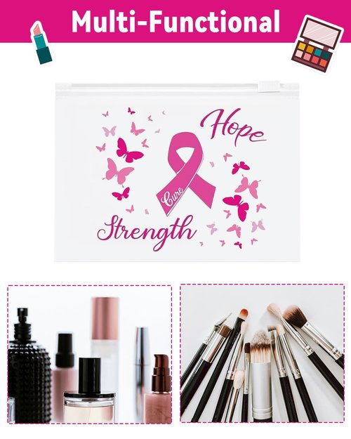 60 Pcs Breast Cancer Awareness Makeup Bags Set, Waterproof EVA Travel Toiletry Bags with Pink Ribbon Design, Strength, Cure, Hope, Perfect for Women and Girls, Cancer Survivor and Charity Party Gifts