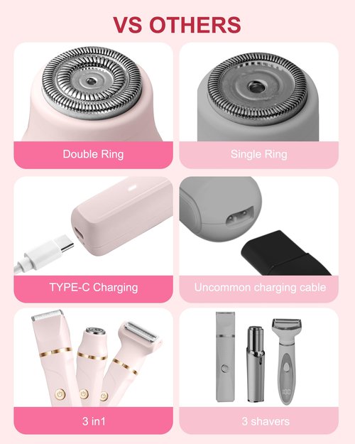 Bikini Trimmer for Women - 3-in-1 Painless Electric Razor Shaver,IPX7 Waterproof&Easy Cleaning for Pubic Hair,Face,Body with Ceramic Blades,USB Rechargeable,Wet&Dry Use(Peach)