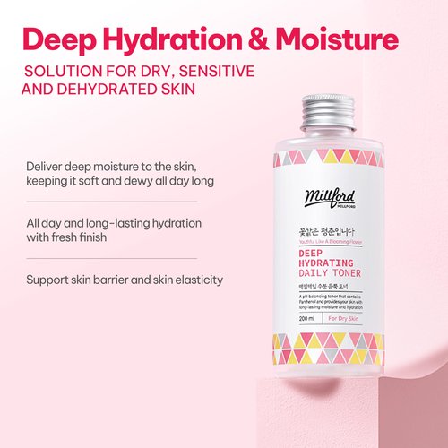Millford Deep Hydrating Daily Toner 6.76 Oz, 200ml, Moisturizing Toner, Alcohol Free, Fragrance Free, pH Balance, Panthenol, Betaine, Vitamin B5, Korean Skincare