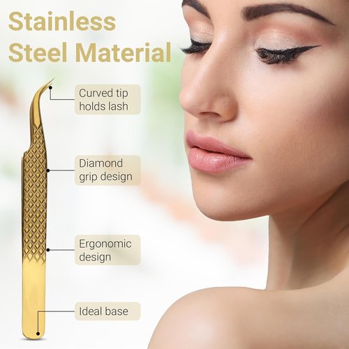 Lash Tweezers for Eyelash Extensions with Diamond Grip, Japanese Stainless Steel, Set of 3 - Great Precision for Classic, Volume & Mega Volume, Premium 45 Degree Curved Set for Women (Gold)
