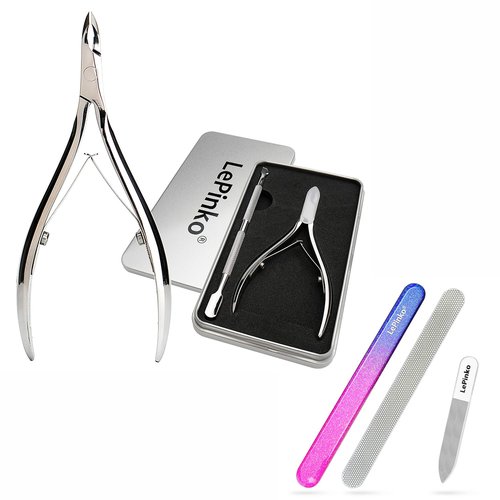 LePinko Salon-Quality Cuticle Trimmer with Cuticle Pusher and Nail File and Buffer Bundle Set