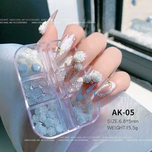 2 Boxes 3D Flower Nail Charms for Acrylic Nails, 12 Grids 3D Nail Art Flowers, Light Change Spring Summer Acrylic Flowers for Nails with Pearls Manicure DIY Nail Decorations (Camellia)