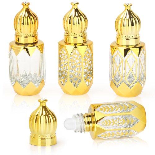 CHSEEO 4 Pcs Vintage Deodorant Roller Bottle for Essential Oil, 6 ML Empty Glass Perfume Mini Travel Bottle with Stainless Steel Roller Ball Refillable Empty Container - Gold