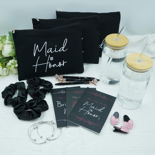 42 pcs Bridesmaid gifts bridesmaid proposal gifts, Maid of Honor Gifts contain 16oz Glass Cups Cosmetic Makeup Bags Invited Cards Scrunchies Hair Knotted Bracelets Diamond Pens love clip (Black )
