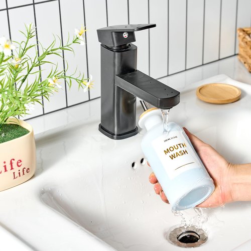MUVEKA Glass Mouthwash Dispenser for Bathroom, 11.8oz Mouthwash Holder with Stianless Steel Spouts, Mouthwash Decanter with Bamboo Holder, Refillable Cups, Reusable Funnel, Golden Stickers
