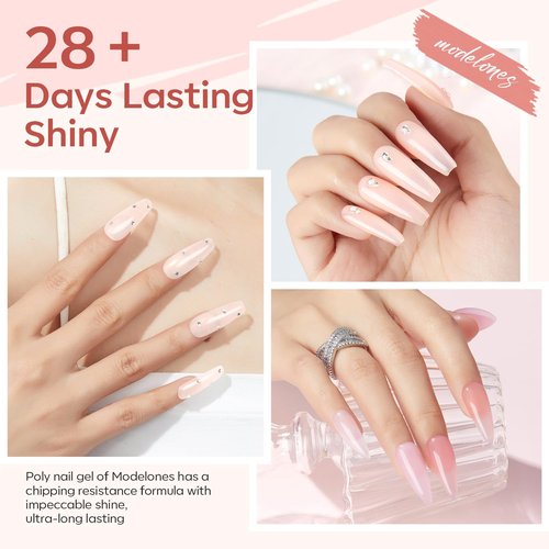 modelones Poly Gel Nail Kit 6 Colors with 8 W Nail Lamp Extension Gel Kit Jelly Milky White Pink Nude Complete Tools Beginner Thickening Solutions DIY at Home for Women