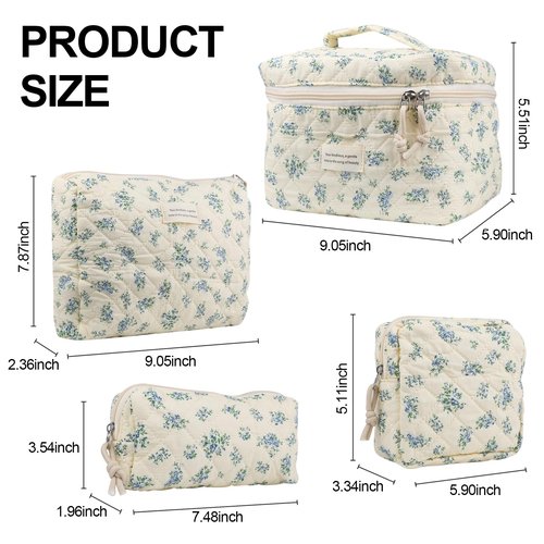 VIWIME Makeup Cosmetic Bag, Large Cotton Quilted Travel Coquette Aesthetic Cute Floral Make up Bag for Women Toiletry Bag Organizer (203- Blue Rose / 4Pcs)
