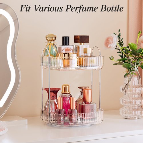 Delamu Rotating Bathroom Countertop Organizer, Large Capacity 2-Tier Multi-Function Storage for Cosmetics, Skincare, and Perfume. Makeup Organizer Countertop Ideal for Dresser, Bathroom,Vanity, Clear