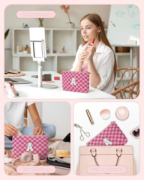 Wandering Nature Personalized Initial Makeup Bag Set – 2-Pack Small Cosmetic Pouch for Travel, Toiletry & Purse Organization, Trendy Glitter Chenille Design for Women, Moms & Daughters