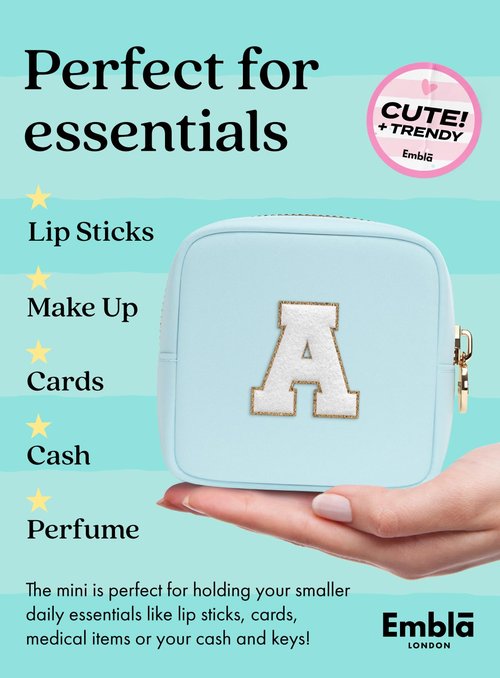 Embla Preppy Makeup Bag Travel Cosmetic Pouch, Cute Make up Case with Personalized Initial, Girls Zipper Pouch Purse Cosmetics Organizer Tote, Waterproof Travel Skincare Makeup Bag, Sky (Letter M)