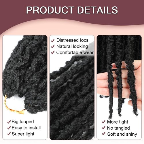 GetGal 30 Inch 6 Packs Butterfly Locs Crochet Hair Soft Distressed Locs Crochet Hair for Black Women Pre Looped Long Butterfly Faux Locs Natural Braids Hair Extension(30inch,1B)