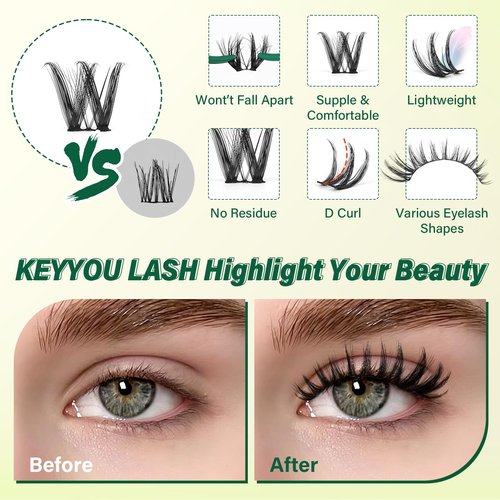 KEYYOU LASH Flora Lash Clusters Kit D Curl Natural Lashes 144pcs Lash Extension Kit 8-18mix False Eyelashes Fluffy lashes with Ultra-Thin Soft Band with Remover Waterproof Bond and Seal(F01 Kit)