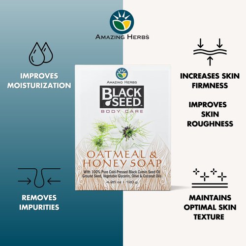 Amazing Herbs Black Seed Soap - 100% Pure Cold-Pressed Black Cumin Seed Oil, All Natural, Free of Colors, Dyes, & Fragrances - Black Seed Oatmeal & Honey Soap, 4.25 Oz (Pack of 3)
