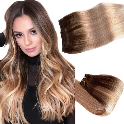 Sew In Hair Extensions 22 Inch Hand Tied Weft Human Hair 120G Blonde with Light Brown Roots Mixed Platinum Gray Sew Ins