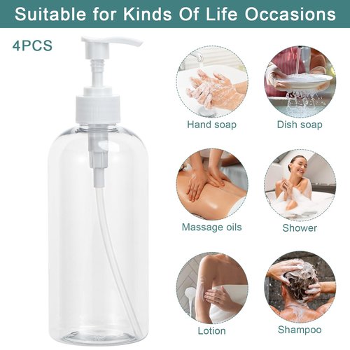 Yebeauty Plastic Pump Bottle, 4 Pack 17oz/500ml Stylish Shampoo Bottles Refillable Hand Pump Bottle Dispenser with Press for Massage Oil, Liquid Hand, Clear