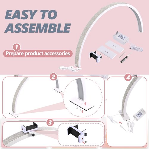 GELTTULU Half-Moon Nail Desk Lamp, Upgrade 30 Inches Lash Light for Eyelash Extensions, 3400 Lumen Led Light for Nails,Tattoo Artists, Adjustable Brightness Warm, Soft, Cool