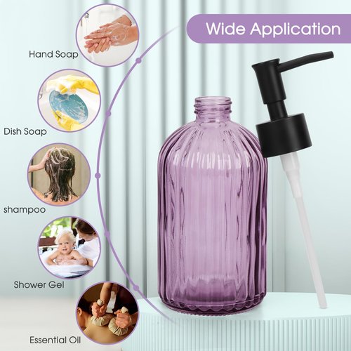 Topsky Stripe Glass Soap Dispenser with Black Plastic Pump, 400ml Liquid Hand Soap Dispenser, Rustproof Pump for Kitchen & Bathroom, Great for Lotions, Essential Oil, Liquid Soaps-Purple