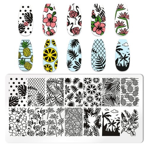 JERCLITY 6pcs Seaside Scenery Nail Stamping Plate Nail Stamping Kit for Nails Summer Beach Coconut Trees Sunset Waves Sea Animals Image Plates Nail Art Design Template Print Nail Stamper Kit for Women