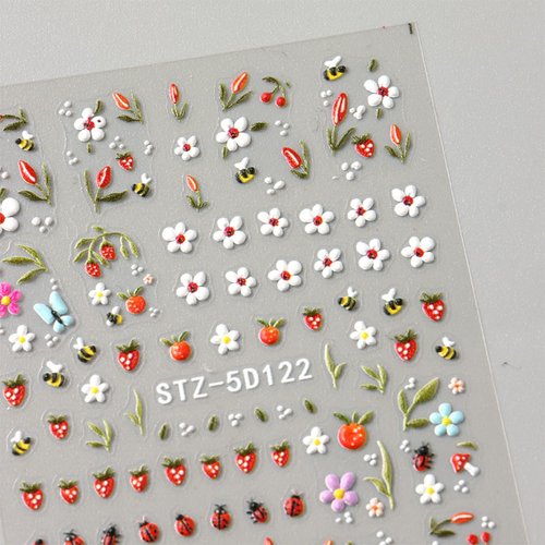 JMEOWIO 3D Embossed Flower Fruit Nail Art Stickers Decals Self-Adhesive 5D Nail Supplies Nail Art Design Decoration Accessories 4 Sheets