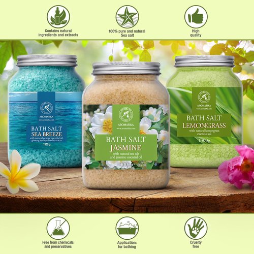 Bath Sea Salt Jasmine 46 Oz (1300g) - Bath Salts with Jasmine Essential Oil for Bath Soak - Relaxing Bath - Beauty - Body Care - Relaxation - Good Sleep - Aromatherapy Bath Salts - Flower Bath Salt