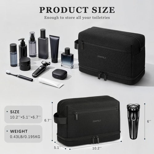 ZOMFELT Toiletry Bag for Men Women, Water Resistant Travel Dopp Kit with Dual Layers, Large Capacity Cosmetic Shower Organizer Bag for Gym Toiletries Accessories, Bathroom Essentials, Black