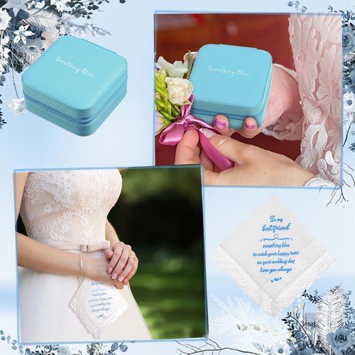 SilTriangle 8 Pcs Something Blue Wedding Gift for Bride Wedding Handkerchief 16 oz Skinny Acrylic Tumbler Lace Garter Belt Angel Bouquet Charm Bridal Cosmetic Bag Scrunchies Gift Box Jewelry Case