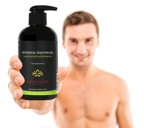 Botanical Shaving Gel, Sandalwood & Peppermint, 8oz All Natural Skin Care. For Smooth Gentle Shave.
