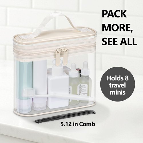 PACKISM TSA Approved Toiletry Bag, 2-Pack Quart Size Clear Makeup Bag for Women, 3-1-1 Compliant Clear Travel Bag for Toiletries with Heavy-Duty PVC, Dual Zipper for Airport Security, Beige
