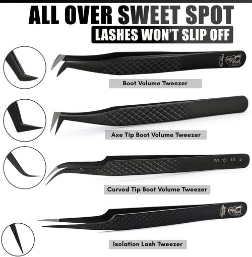 My Lash Tools Eyelash Extension Tweezers Fiber Tip Lash Tweezers, Precision Boot Fiber Tip Volume Tweezers for Lash Extensions Japanese Steel Curved & Isolation Tweezer pinzas para pestaas (4pcs Set)