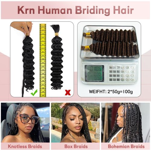 KRN Human Braiding Hair for Boho Braids, 100g/Pack (2 Bundles) Deep Curly Human Hair for Braiding No Weft 12A Grade Brazilian Virgin Hair Boho Braids Color 4# 16Inch