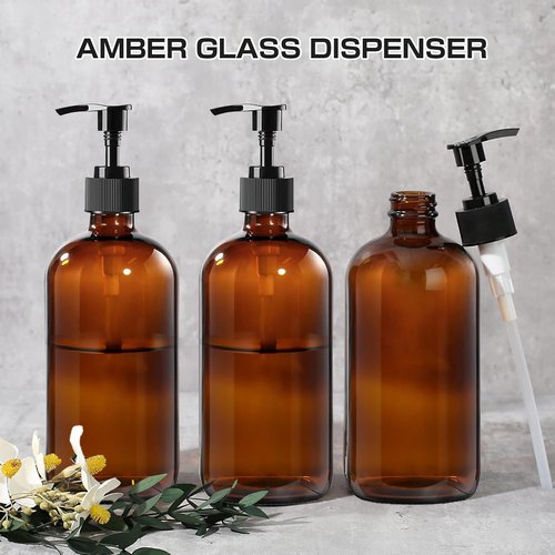 BPFY 12 Pack 8 oz Amber Glass Bottles with Pumps for Essential Oils, Cleaning Products, Lotions, Aromatherapy Oil, Pump Bottles, Refillable Containers with Cap, Funnel, 12 Chalk Labels, 1 Pen