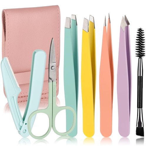 MSQ 7pcs Eyebrow Tweezers Kit with Travel Bag for Women 4Pcs Professional Stainless Steel Tweezers and Brow Scissors & Razor & Spoolie for Facial, Chin, Eyebrow, Splinter and Ingrown Hair