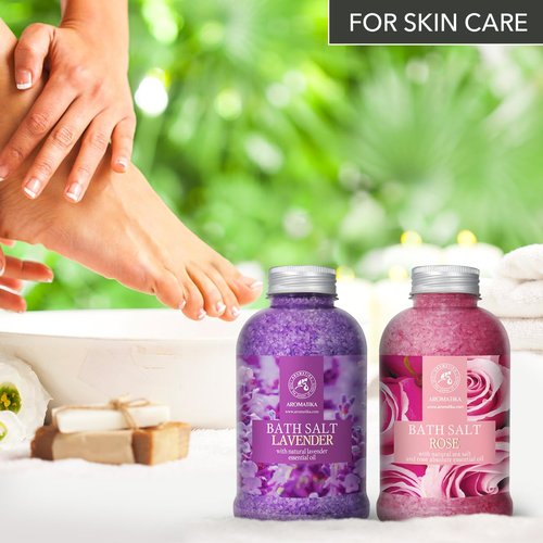 Bath Sea Salt Set 2х21.16Oz - Bath Salt Lavander & Rose - Lavender Essential Oil - Natural Rosewood Oil & Rose Extract - Aromatherapy - Relaxing - Body Care - Beauty - De-Stress Bath Salts