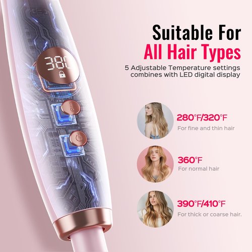 Thermal Brush,Lena All-in-1 with 1.5 inch Titanium Barrel-Infrared&Negative Ion Technology,Smooth,Frizz-Free Styling Tool,5 Heat Settings,LED Display,Easy to Use,Pink