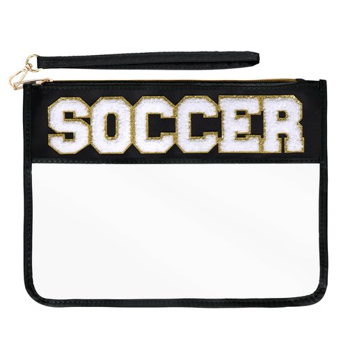 Hmxpls Chenille Letter Bag, Clear Nylon Cosmetic Makeup Bag with Zipper, Varsity Preppy Patch Flat Travel Pouch for Women Girls Gift (Black-SOCCER)