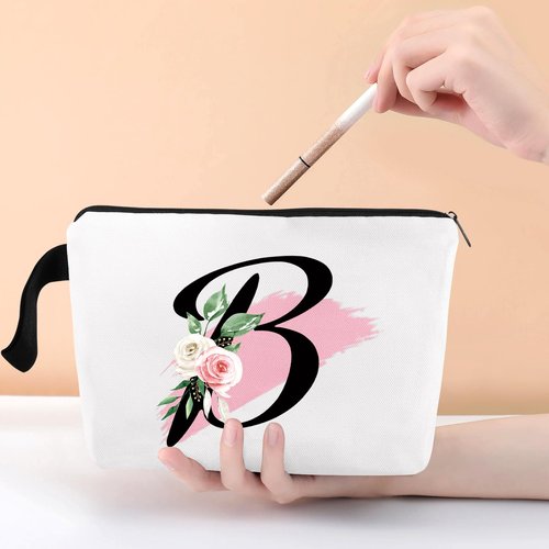 Prettyui Initial Monogram Personalized Makeup Bag, Bride Bridesmaid Cosmetic Bag, Portable Cosmetic Bag Toiletry Bag Travel Bag Birthday Gifts for Women Girl, Personalized Cosmetic Bag for Women (B)