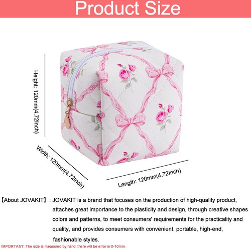 JOVAKIT Cubic Shaped Quilted Makeup Bag Cosmetic Bag for Women, Floral Coquette Cotton Cube Travel Makeup Case Zipper Make Up Pouch, Travel Storage Organizer (Pink Bowknot)