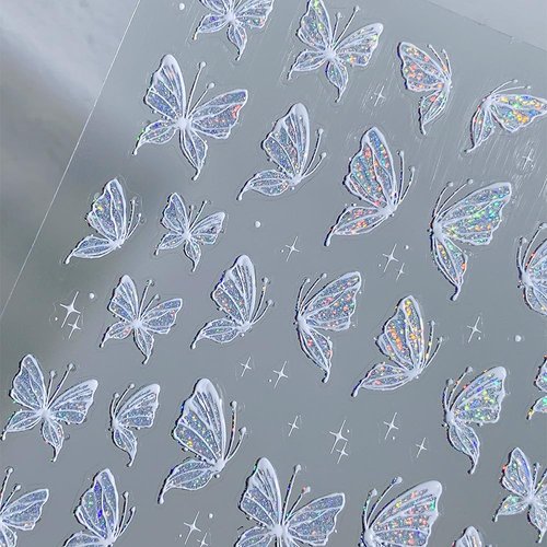 Aurora Shell Butterfly Nail Stickers White Butterflies Nail Art Stickers Jelly Relief Butterfly Stickers Nail Decals Y2K Butterfly Sticker Nails Nail Design Nail Accessories for Nail Art Supplies