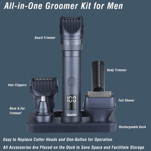 Beard Trimmers Kit for Men Precise Dial Adjustable 20 Lengths, 5-in-1 Electric Shavers and Hair Clippers Set - Body Nose Ear Mustache Hair Trimmers Razors Waterproof Wet/Dry - USB-C Charging Dock