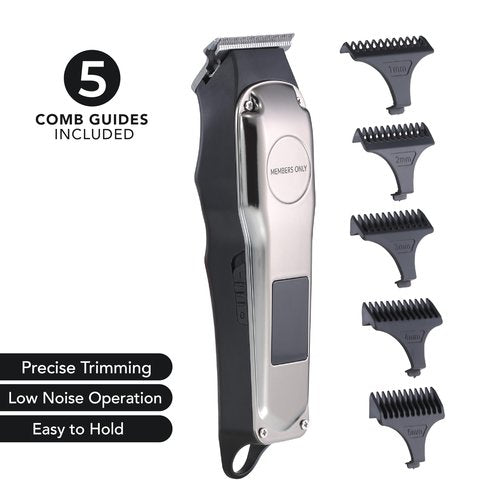 Members Only Hair Clipper, Men’s Lithium Cordless T-Blade, Stainless Steel Blades, USB Rechargeable, LED Display, 5 Comb Guides, Precision Kit for Hair Cutting and Grooming