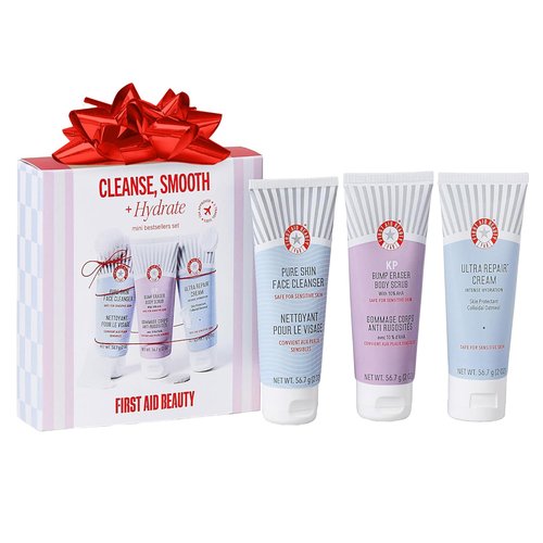 First Aid Beauty Cleanse, Smooth + Hydrate Kit - Skin Care Gift Set with Travel Size Facial Cleanser, KP Body Scrub & Ultra Repair Cream - Travel Friendly Skincare Set
