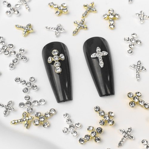 JERCLITY 40pcs 3D Cross Nail Charms Gold and Silver Cross Charms for Nails Nail Cross Charms with Clear Rhinestones 3D Jewelry Making Nail Art Accessories